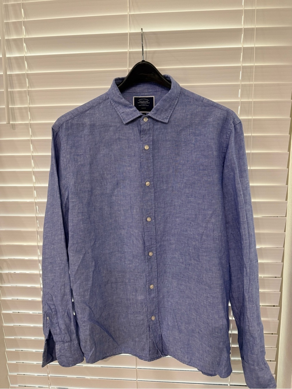 Charles Tyrwhitt Men's Blue 100% Linen Button-Up Shirt slim fit xl